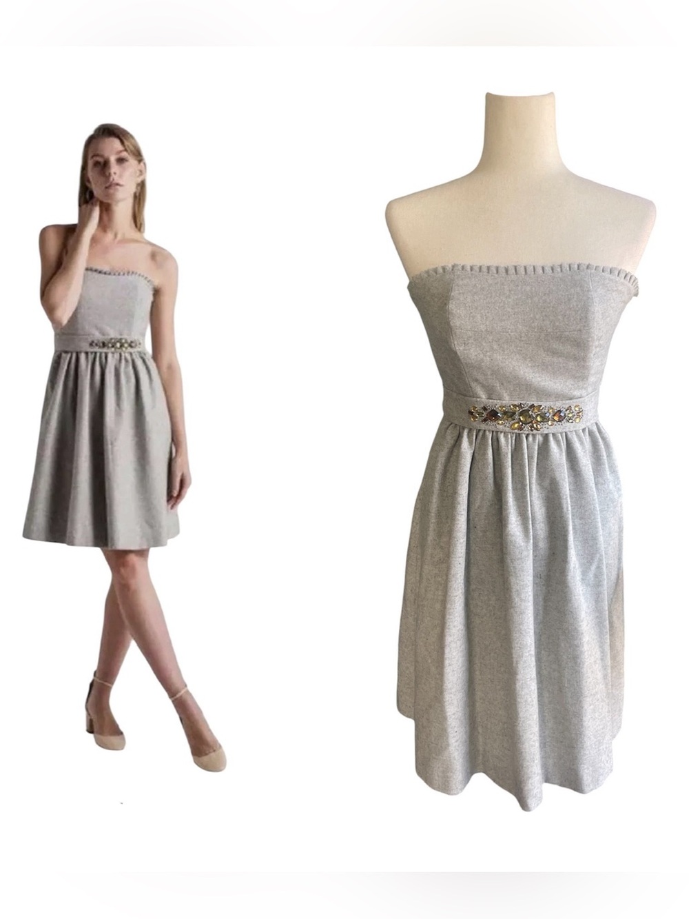 Banana Republic Wool Strapless Grey Dress w gold rhinestone embellished belt 4